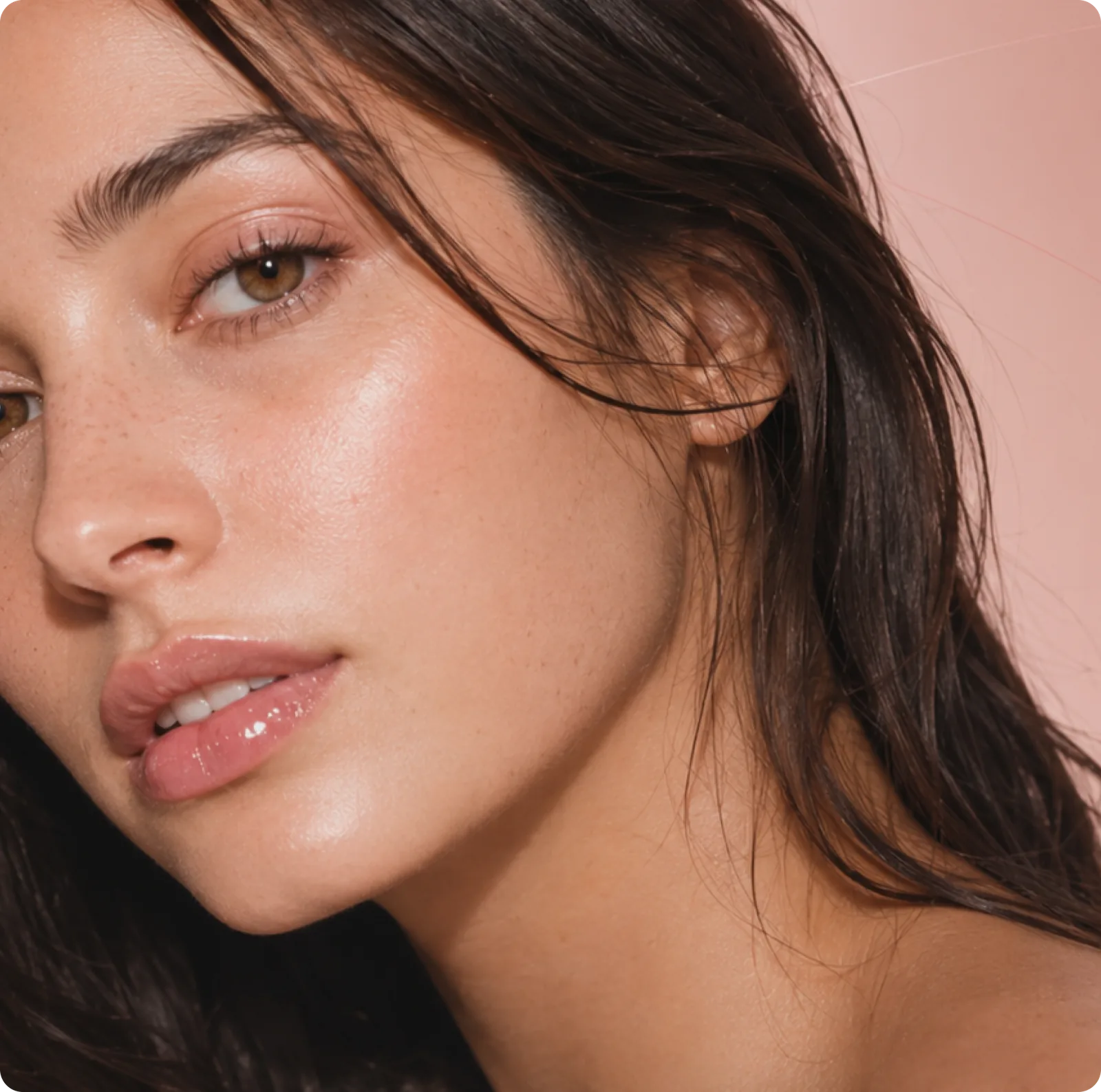 K-beauty editorial portrait — soft pink navigation mood